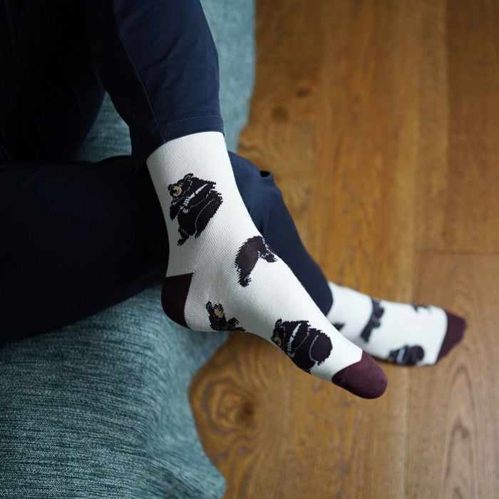 Black bear bamboo socks by Barekind NZ featuring black bear design, made from soft bamboo material, ideal for comfortable everyday wear.