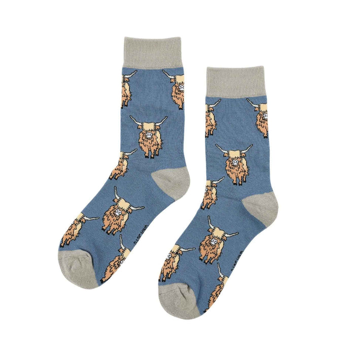 Blue Highland Cow bamboo socks by Barekind NZ featuring a Highland Cow design, soft and eco-friendly casual sock.