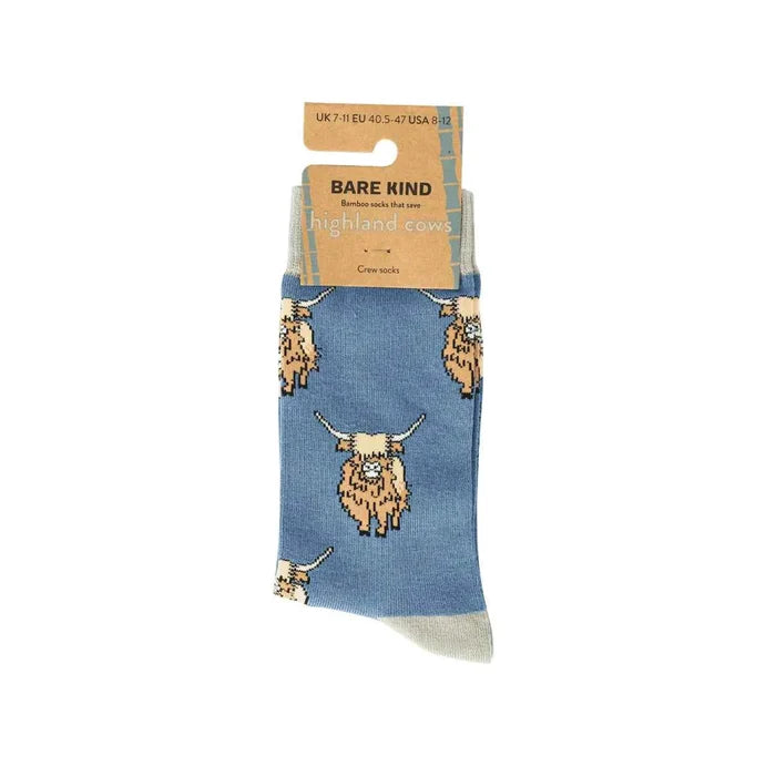 Pair of Highland Cow Bamboo Socks by Barekind NZ featuring a detailed Highland Cow design on soft, eco-friendly bamboo fabric.