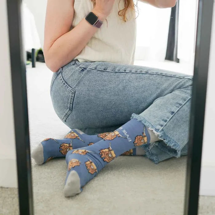 Barekind NZ Highland Cow bamboo socks featuring playful Highland Cow design on soft, comfortable sock material.