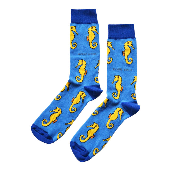 Barekind NZ Save the Seahorses bamboo socks featuring colorful seahorse and marine life patterns on soft, eco-friendly fabric.