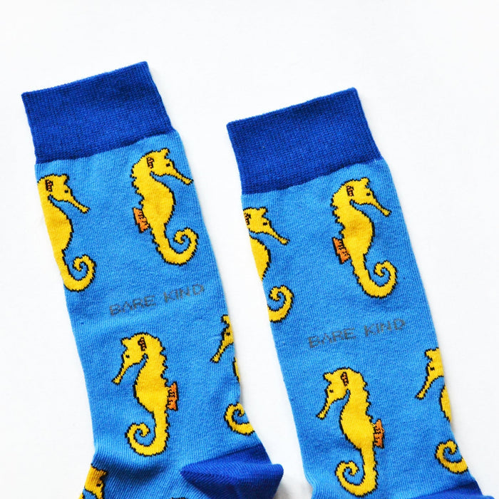 Barekind NZ Save the Seahorses bamboo socks featuring marine-inspired seahorse designs on soft, eco-friendly sock material.