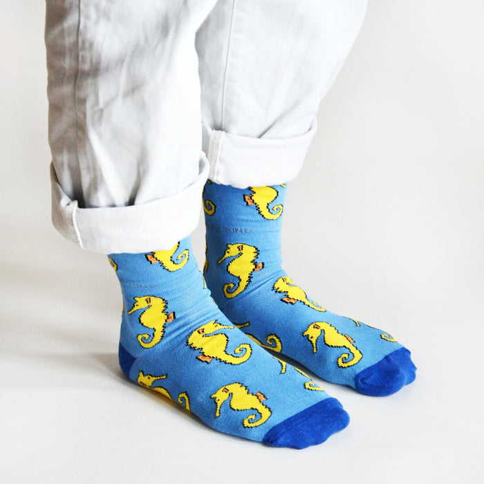 Barekind NZ Save the Seahorses bamboo socks featuring a colorful seahorse design on soft, eco-friendly bamboo fabric.