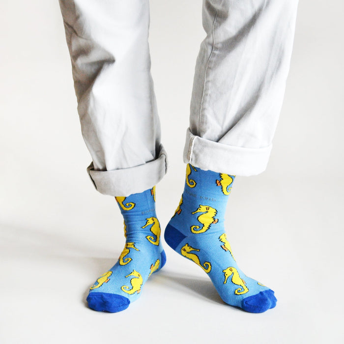 Barekind NZ Save the Seahorses bamboo socks featuring a colorful seahorse and ocean-inspired pattern on soft, comfortable fabric.