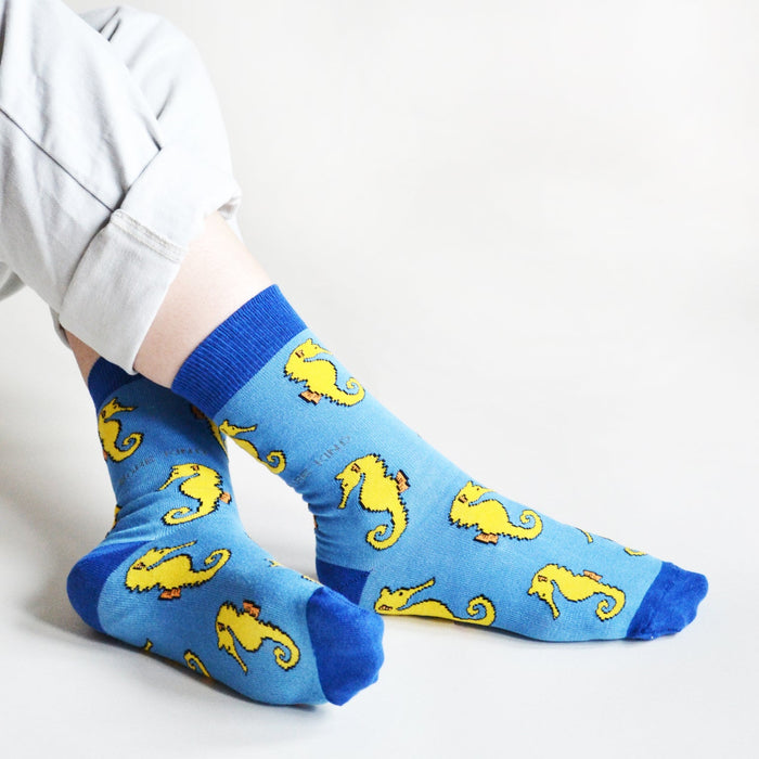 Barekind NZ Save the Seahorses bamboo socks featuring ocean-inspired seahorse patterns and sustainable bamboo fabric.