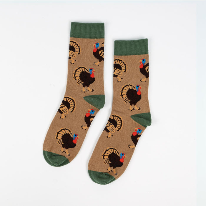 Barekind NZ Save the Turkey bamboo socks in bundled display, showcasing eco-friendly, soft bamboo fabric with colorful turkey patterns.