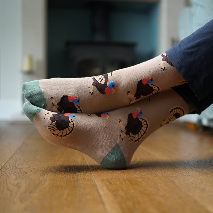 Barekind NZ Save the Turkey bamboo socks featuring a turkey design, soft bamboo material, and comfortable fit.