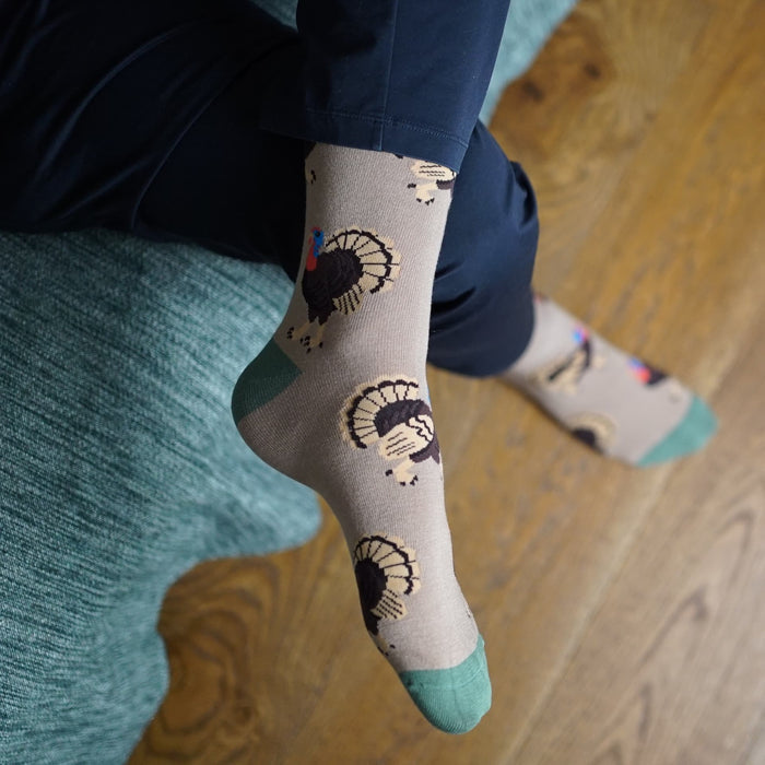 Barekind NZ Save the Turkey bamboo socks featuring turkey and fall leaf patterns, soft and eco-friendly footwear for comfort.