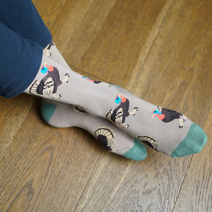 Barekind NZ Save the Turkey Bamboo Socks featuring a colorful turkey design on soft, eco-friendly bamboo fabric.