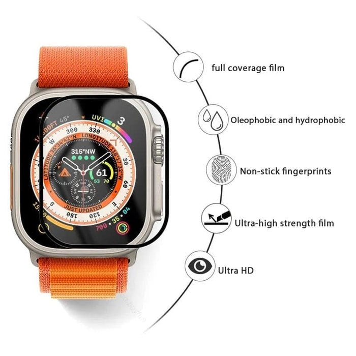 Apple Watch Ultra 2 screen protector by That Watch Shop, clear protective film covering the watch face with precise fit and edges