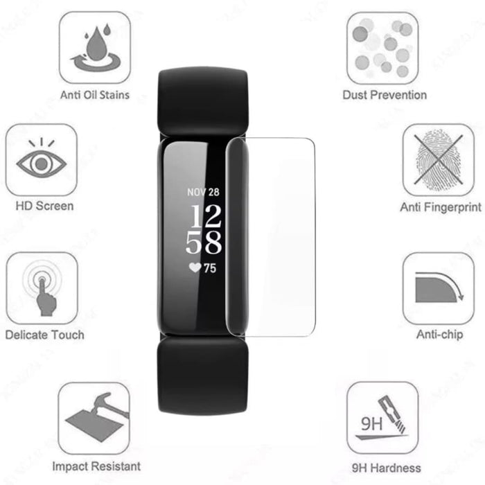Fitbit Inspire 2 fitness tracker with transparent screen protector for enhanced screen protection and clarity.