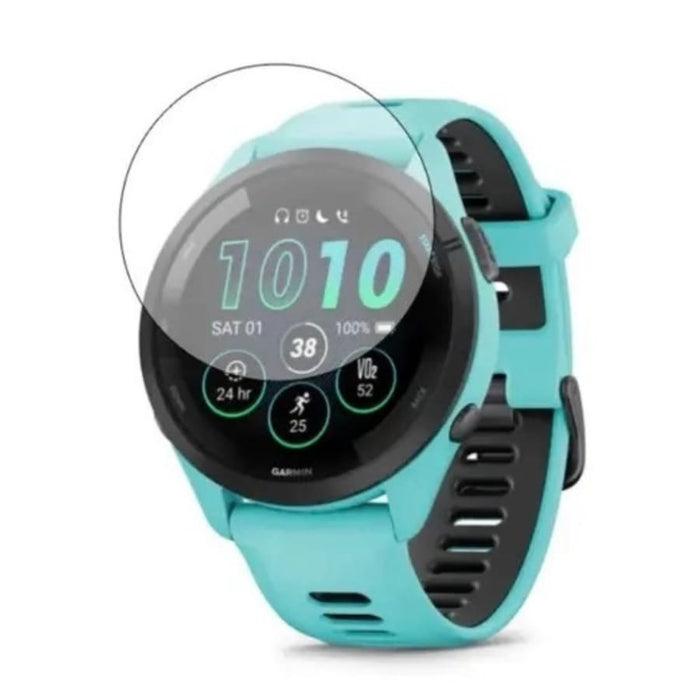 Clear Garmin Forerunner 265 watch screen protector from That Watch Shop, showing a transparent protective film on a smartwatch screen.