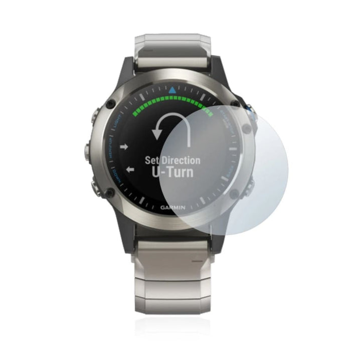Pair of Garmin quatix 5 watch screen protectors in clear, durable material, designed to safeguard the smartwatch display.