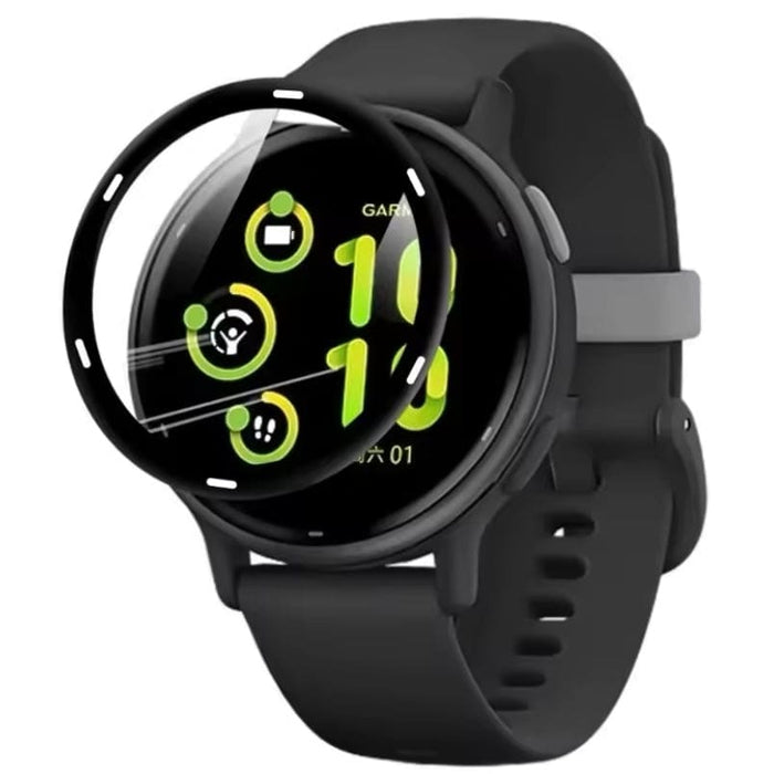 Black Garmin Vivoactive 5 screen protector on round smartwatch, showing protective film covering the watch face.