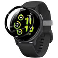 Black Garmin Vivoactive 5 screen protector on round smartwatch, showing protective film covering the watch face.