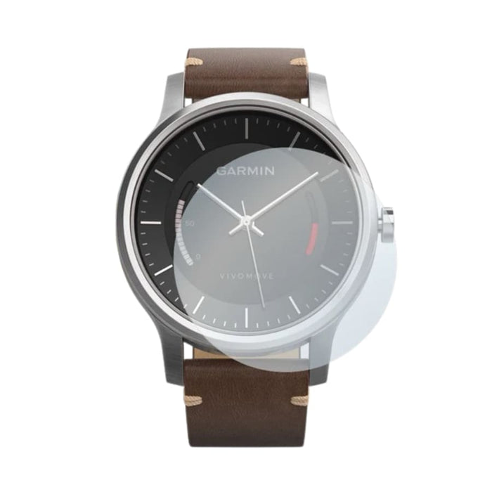 Silver Garmin Vivomove watch with clear screen protector, showcasing protection for the watch face on a silver wristband.