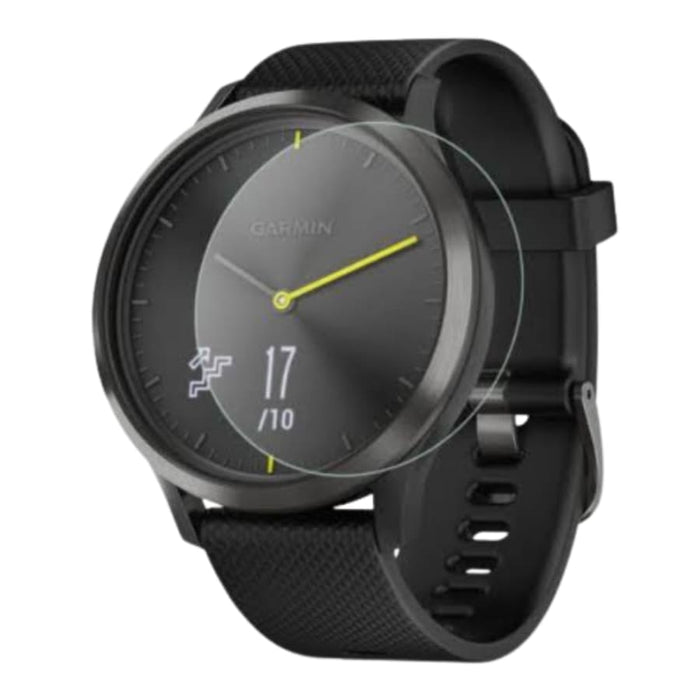 Black Garmin Vivomove HR screen protector, clear watch screen cover for added protection, designed by That Watch Shop.