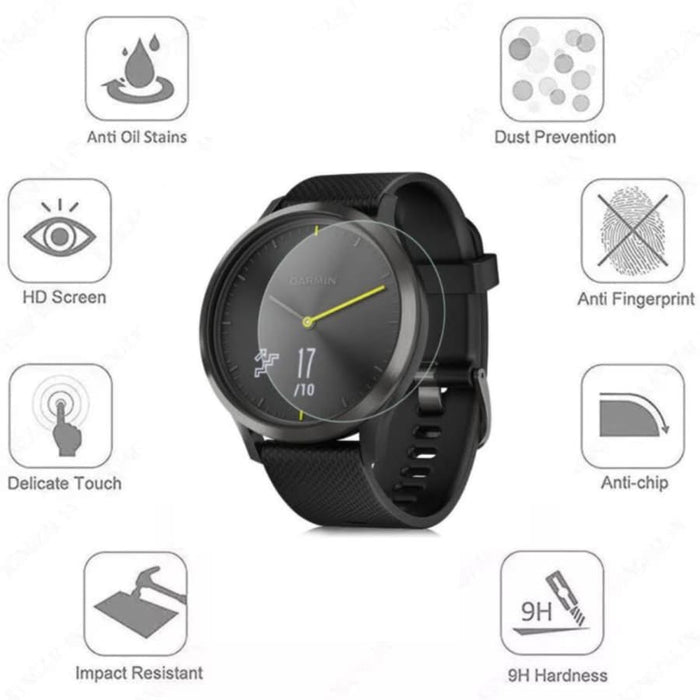 Garmin Vivomove HR smartwatch with clear screen protector, showing protectant covering the watch face for added screen durability.