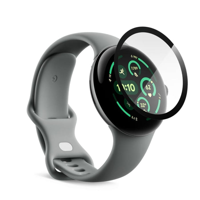 Google Pixel Watch 3 45mm screen protector in watch case for added protection, featuring clear, durable material.