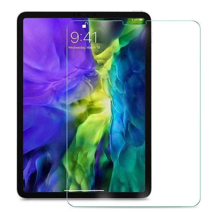 Pair of 9eight5 iPad Pro 11” (2018) screen protectors showing clear, tempered glass with precise cutouts for camera and buttons.
