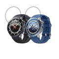 Black Oppo Watch X2 screen protector case shown fitted on two smartwatches for added protection and style.