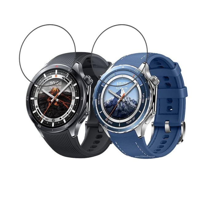Black Oppo Watch X2 screen protector case shown fitted on two smartwatches for added protection and style.