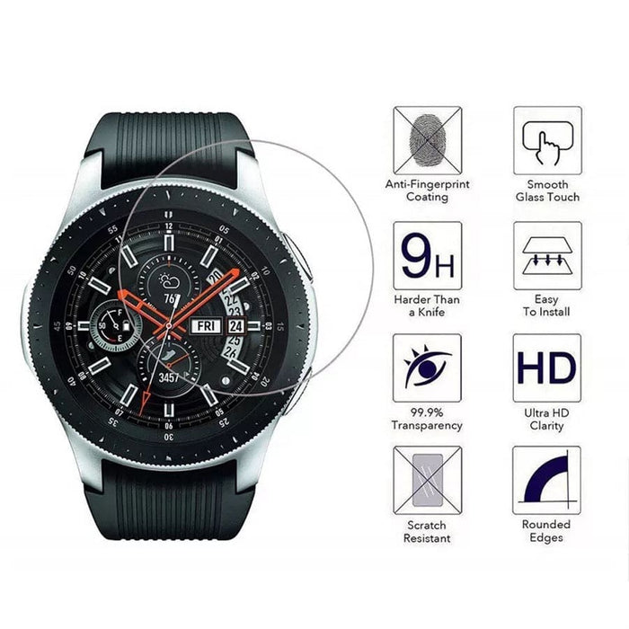 Samsung Galaxy Watch 42mm screen protector by That Watch Shop, showing clear film covering the watch face for protection.