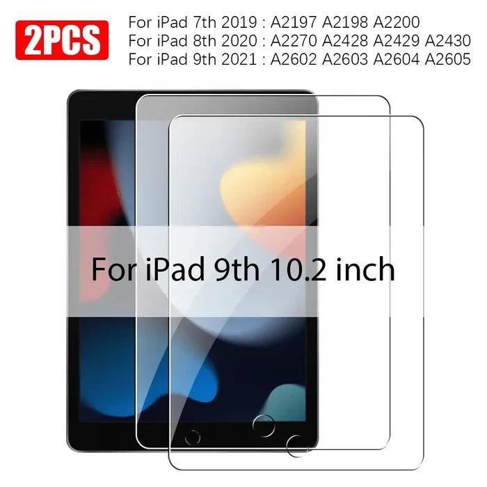 Habicare 9eight5 tempered glass screen protectors for iPad, pack of 2, suitable for all iPad models, showing clear, durable glass.