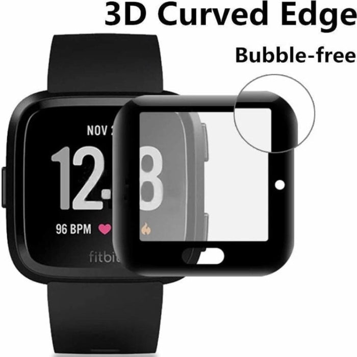 Black screen protectors for Fitbit Versa 1 smartwatch, pack of 2, designed to protect the watch screen from scratches and damage.