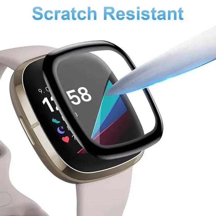 Set of five Habicare Fitbit Versa 4 screen protectors for watch display protection, shown on a Fitbit Versa 4 smartwatch.