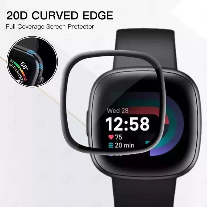 Set of five Habicare Fitbit Versa 4 screen protectors for watch display protection, shown in clear packaging.