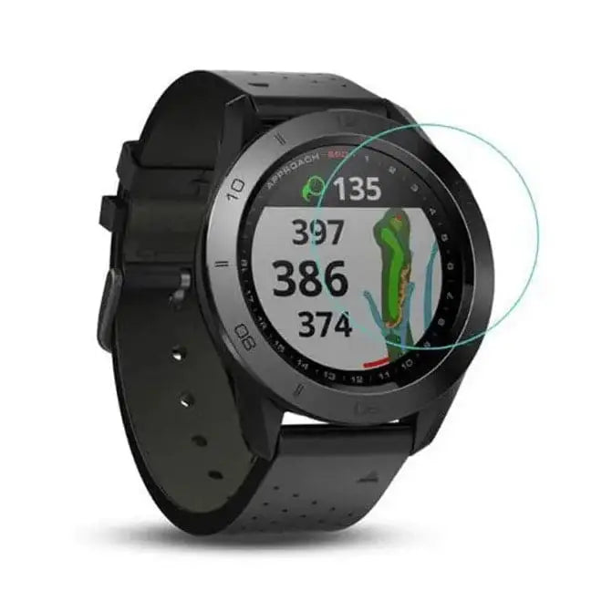 Set of five Habicare Garmin Approach S40 watch screen protectors showing clear, protective film on smartwatch display.