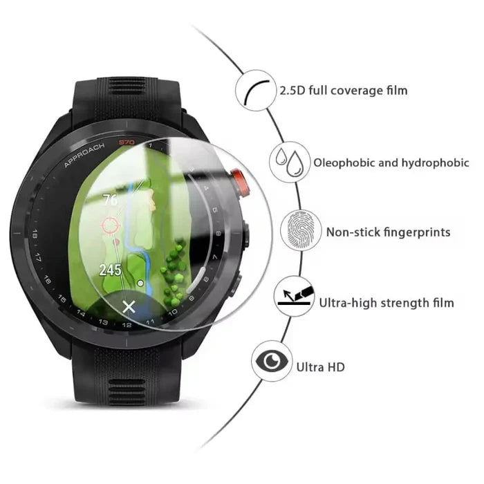 Pack of five Habicare Garmin Approach S70 47mm watch screen protectors, clear and durable protection for Garmin golf watch.