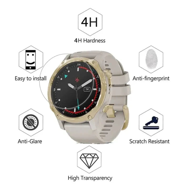 Set of five Habicare Garmin Descent Mk2S watch screen protectors, clear and durable protection for smartwatch screens.