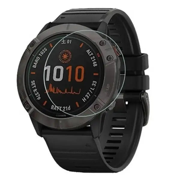 Set of five Habicare screen protectors for Garmin Fenix 6 and 6 Pro Series watch, showing clear, edge-to-edge protection.