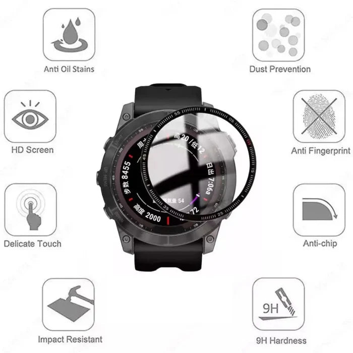 Pack of five Habicare screen protectors for Garmin Fenix 6S and 6S Pro series watch, showing clear, protective film on watch face.