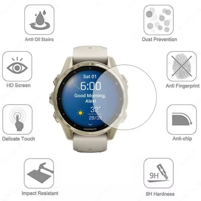 Pack of five Habicare Garmin fenix E 47mm series watch screen protectors, clear protective covers for smartwatch screens.