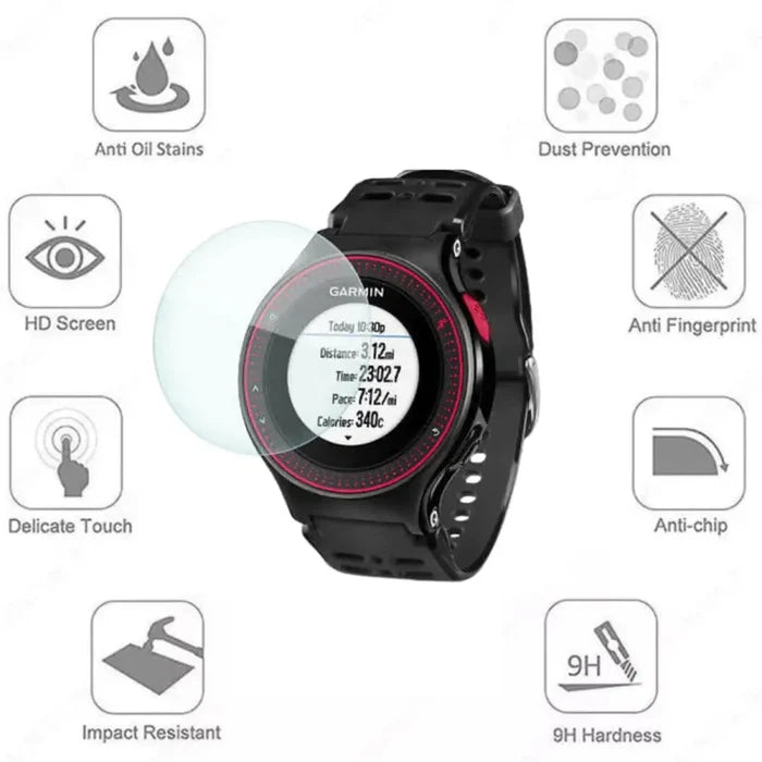 Set of five Habicare Garmin Forerunner 220 watch screen protectors shown in the image, designed to shield the watch display.