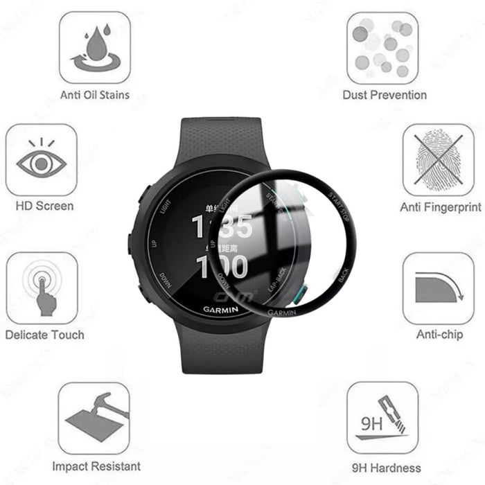 Pair of Garmin Forerunner 245 watch screen protectors, clear protective covers for smartwatch screens, easy to apply.