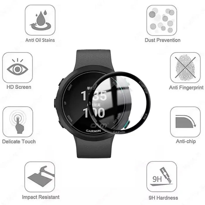 Set of five Habicare Garmin Forerunner 245 watch screen protectors showing clear, durable film on smartwatch display.