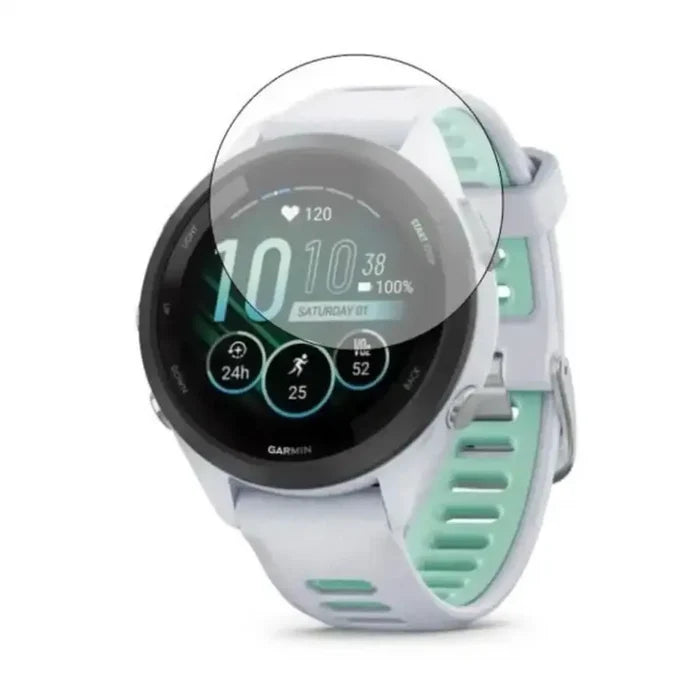 Set of five Habicare Garmin Forerunner 265S 42mm watch screen protectors showing clear, durable protection for smartwatch displays.