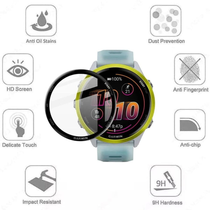 Pair of Garmin Forerunner 570 42mm watch screen protectors with clear, transparent film showing fitted on the watch face.