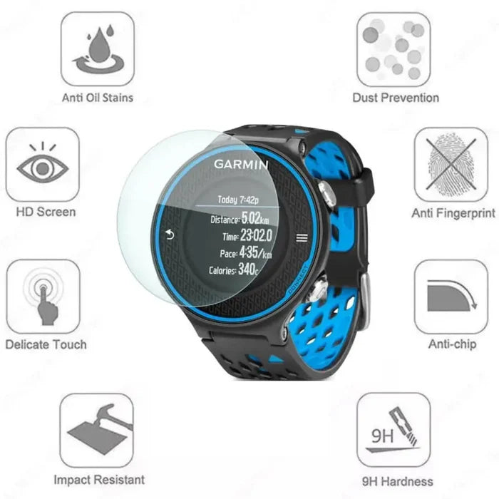 Set of five Habicare Garmin Forerunner 620 watch screen protectors showing clear, protective film for smartwatch screens.