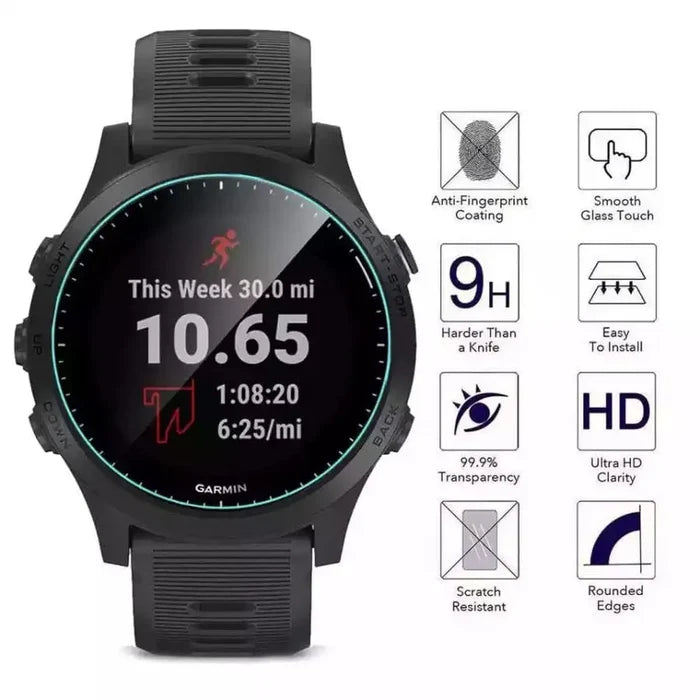 Set of five Habicare Garmin Forerunner 945 watch screen protectors displaying clear, durable protection for smartwatch screens.