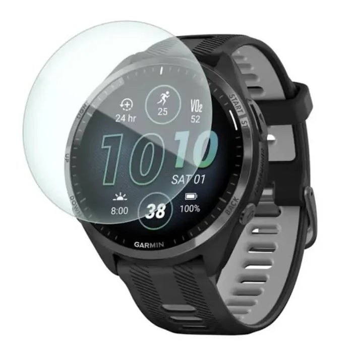 Set of five Habicare Garmin Forerunner 965 watch screen protectors showing clear, durable film coverage for smartwatch screens.