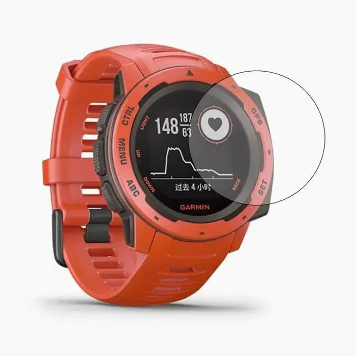 Pack of five Habicare Garmin Instinct 2S Series watch screen protectors showing clear, durable film on black smartwatch display.