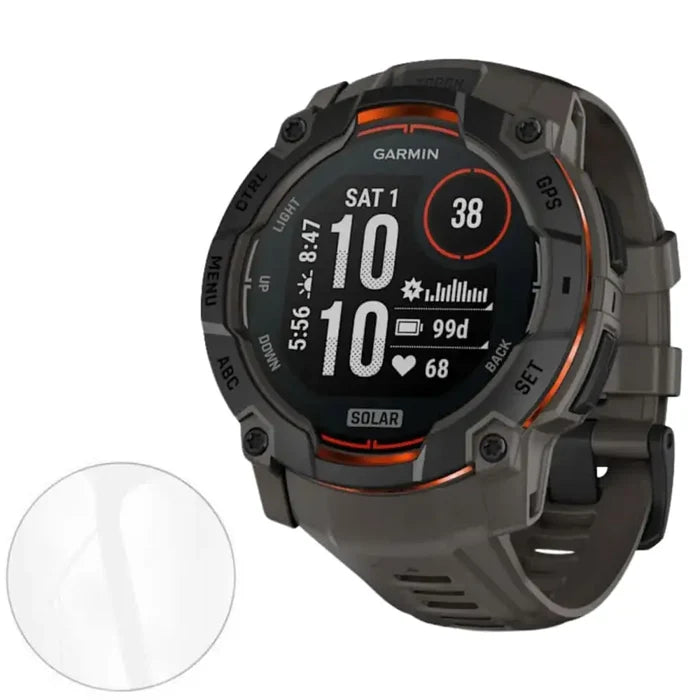 Pack of five Habicare Garmin Instinct 3 50mm watch screen protectors, clear and durable for screen protection.