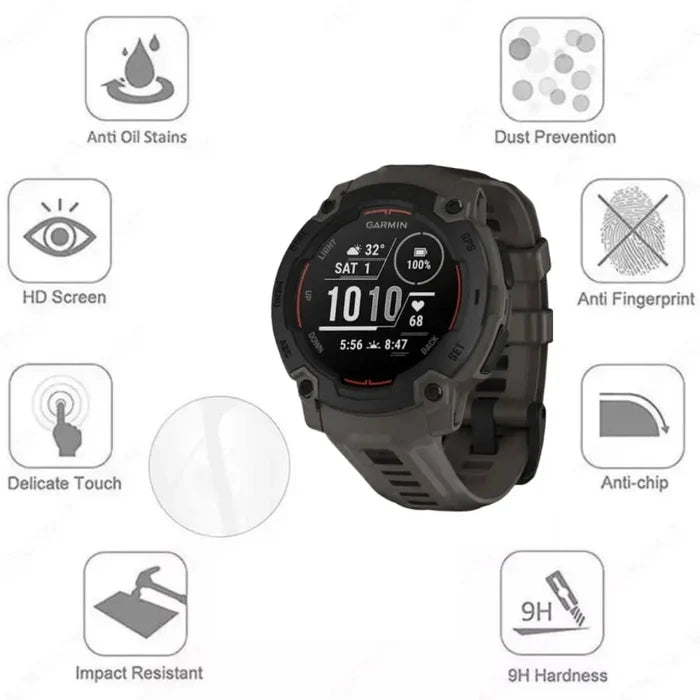 Set of five Habicare Garmin Instinct E 45mm watch screen protectors showing clear, protective film on smartwatch display.