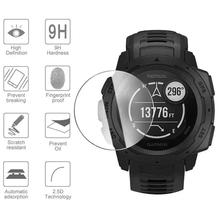 Clear screen protectors for Garmin Instinct watch by Habicare, pack of five, shown installed on the watch face for protection.