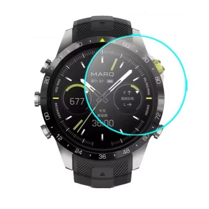 Pair of Garmin MARQ Gen 2 series watch screen protectors in black, designed for durable protection and clear display.
